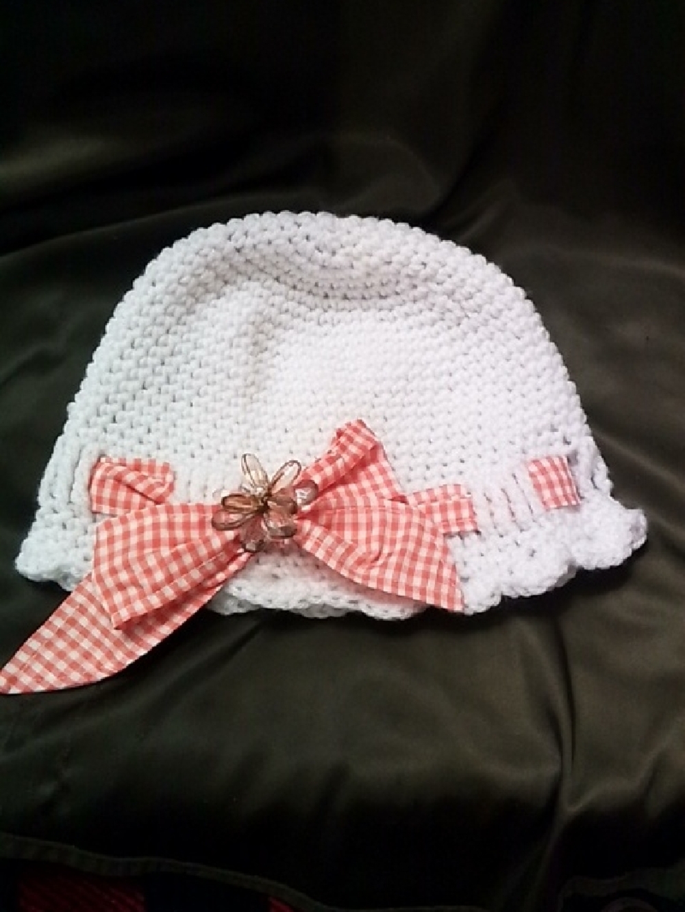 White Knit Sun Hat with Orange Gingham Bow